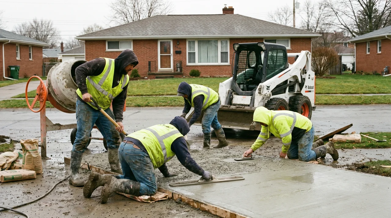 Concrete Contractors Buffalo crew finishing a freshly poured concrete slab