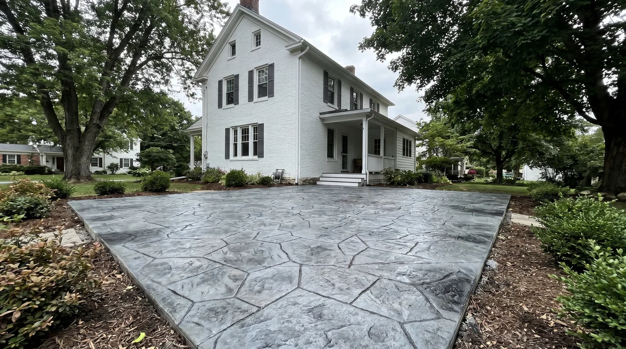 Stamped flagstone concrete patio with mountain backdrop, Buffalo